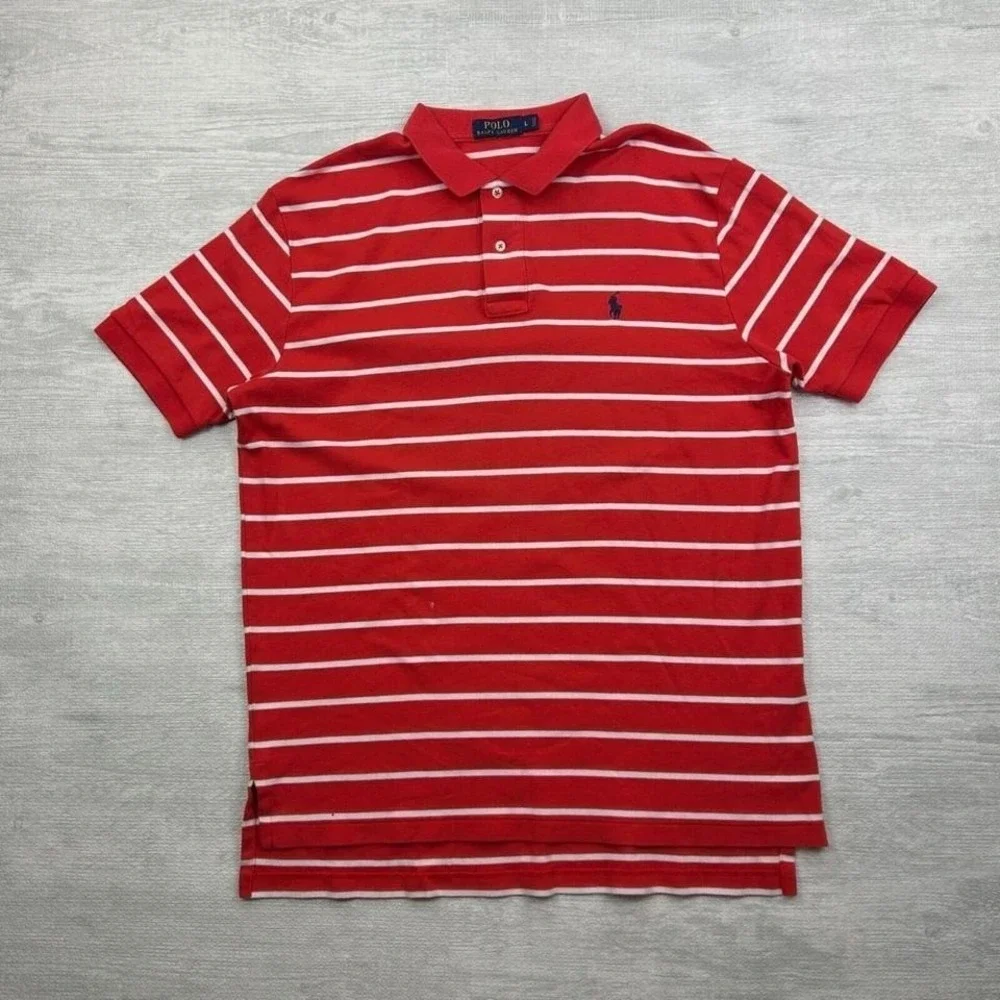 Ralph Lauren Polo Shirt Mens Large Red Blue‎ Pony Short Sleeve Classic Fit